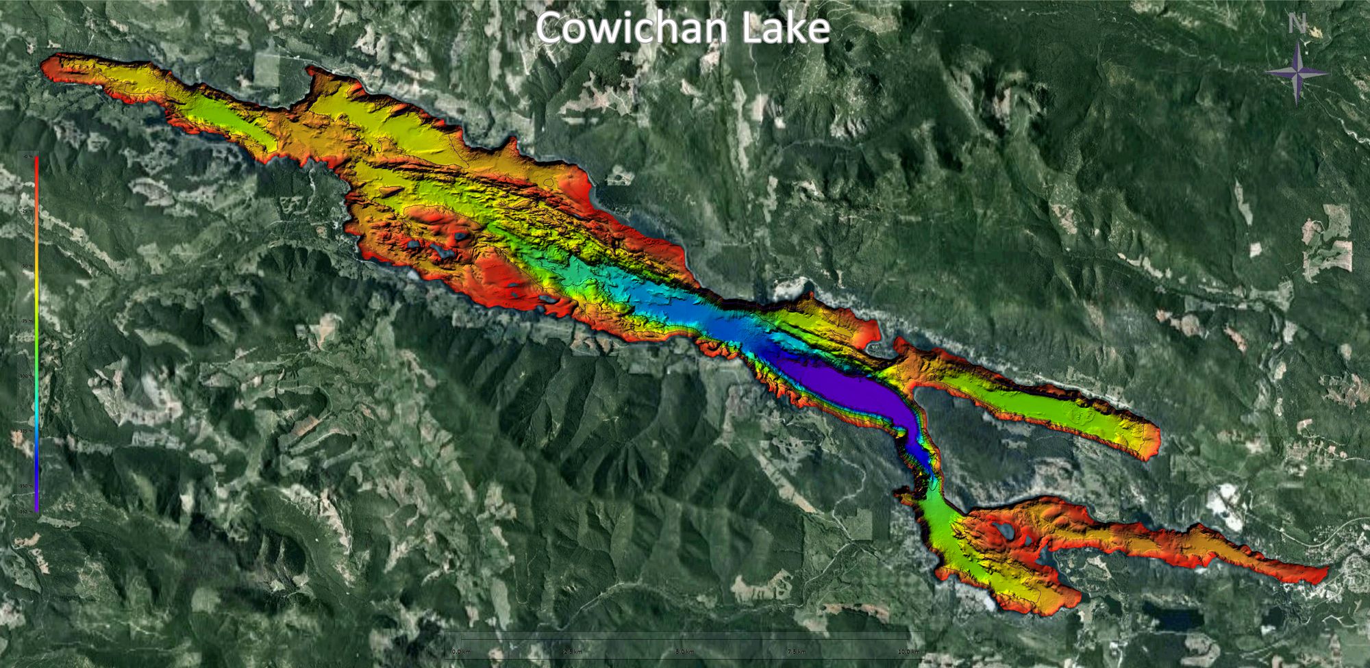 Colour-coded multibeam depth map of Cowichan Lake over satellite imagery