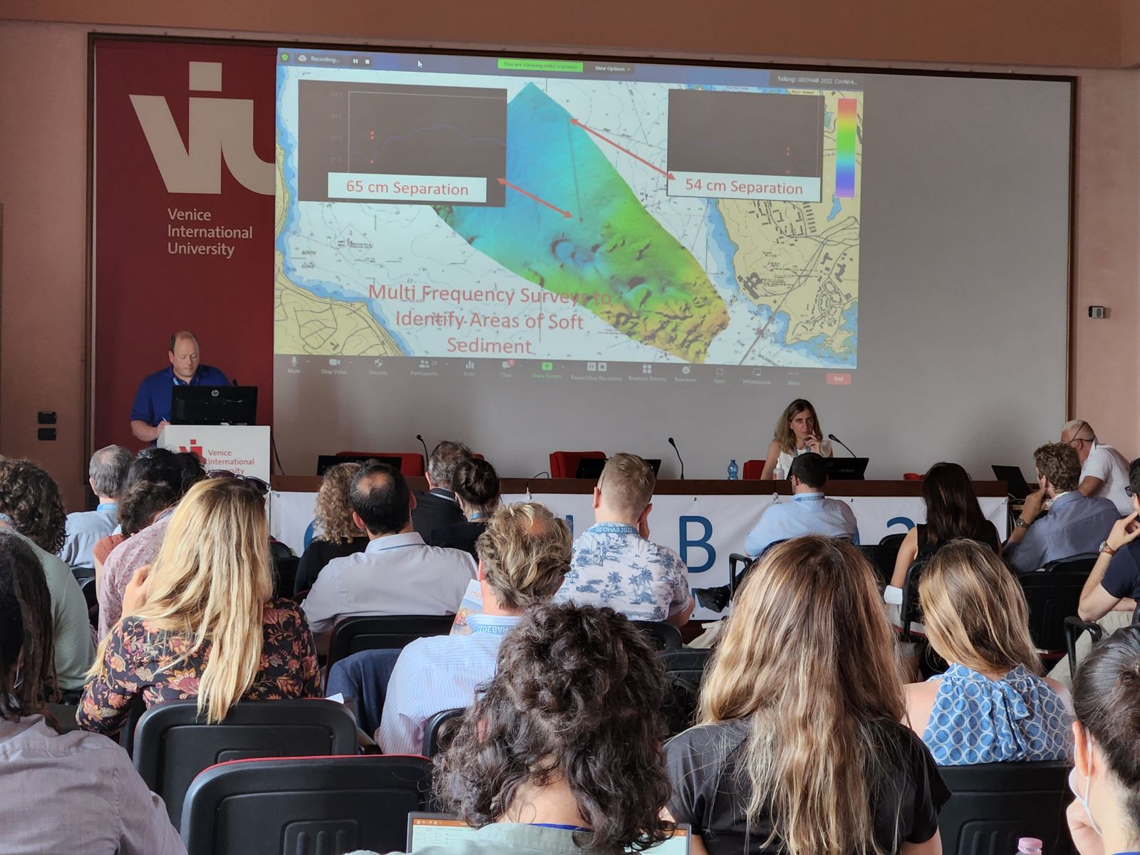 Mike Brissette presenting multi-frequency backscatter survey results at GEOHAB 2022